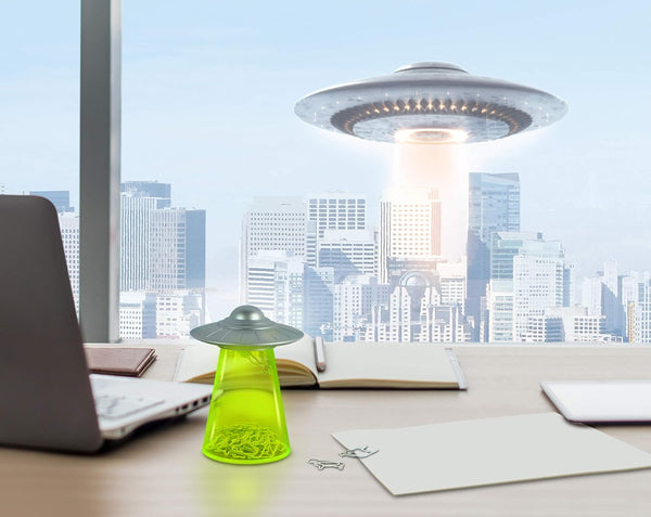 Genuine Fred Filing Saucer Paperclip Dispenser UFO Holder with Cow Paperclips, Space Themed Desktop Organizer Fun and Functional Desk Accessory