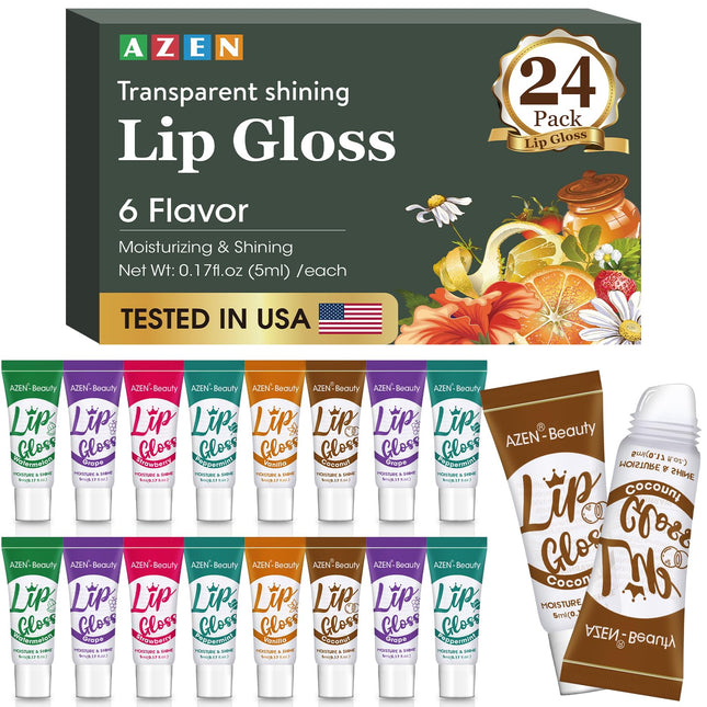 AZEN 24 Pack Lip Gloss Set, Clear Lip Gloss Bulk, Lip Oil for Dry Cracked Lips Moisturizing Hydrating Nourishing with Vi