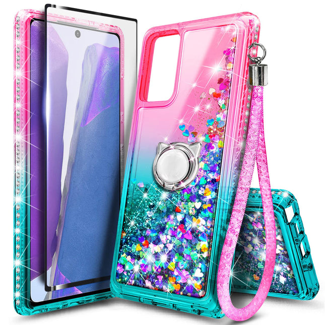 NZND Case for Samsung Galaxy A03S with Tempered Glass Screen Protector (Maximum Coverage), Ring Holder/Wrist Strap, Glit