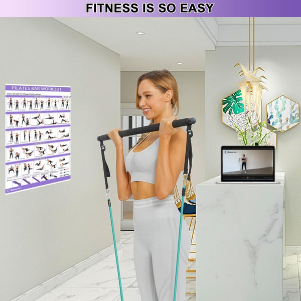Portable Pilates Bar Kit with Resistance Bands for Men and Women - 3 Set Exercise Resistance Bands - Multifunctional Home Gym - Supports Full-Body