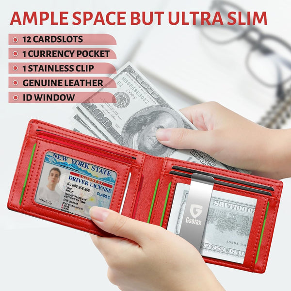 GSOIAX Slim Leather RFID Bifold Wallet for Men - Minimalist Front Pocket Wallet with Money Clip,12 Card Slots,Id Window,Cool Groove