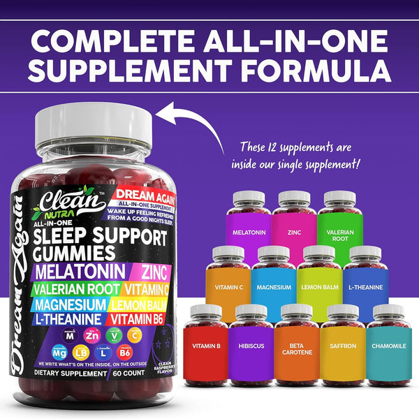 Clean Nutra Melatonin Gummies 10Mg | Sleep Aid Valerian Root L-Theanine Vitamin B6 C Lemon Balm Magnesium Hibiscus Beta Carotene Saffron &
