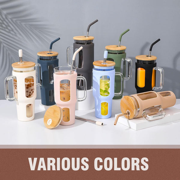 Glass Tumbler with Lid and Straw, 46 Oz Iced Coffee Cup with Handle, Glass Water Bottles with Silicone Sleeve, Glass Cup with Straws - Pearl Straw