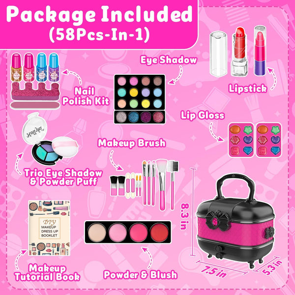 Hollyhi 58 Pcs Kids Makeup Kit for Girl, Princess Toys Real Washable Cosmetic Set with Mirror, Kids Makeup Sets for Girls, Play Make up Birthday