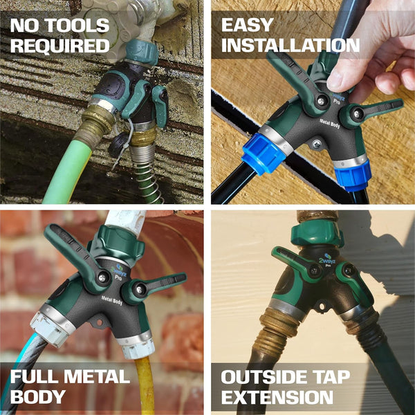 2WAYZ Hose Splitter 2 Way Heavy Duty Outdoor Faucet and Garden Connector - Water Spigot Splitter - Durable All-Metal Y Adapter with Shut-Off Valve