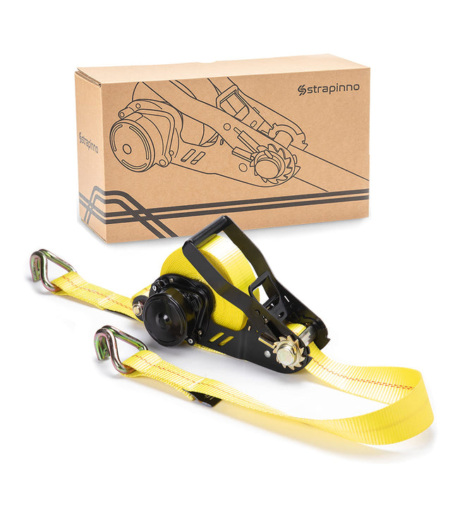 Strapinno Retractable Ratchet Tie-Down Strap - 2 in X 27 Ft Heavy-Duty Strap with Double J Hooks, Tangle-Free Webbing, 1
