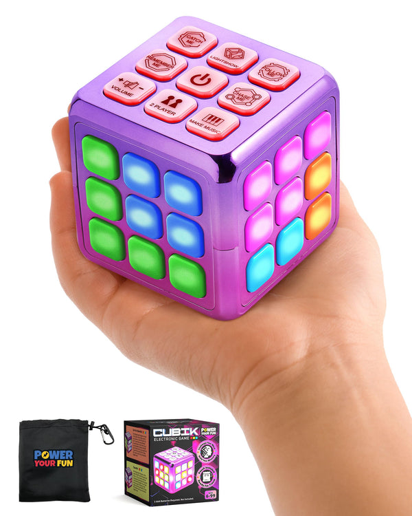 Power Your Fun Cubik LED Flashing Cube Memory Game - Electronic Handheld Game, 5 Brain Memory Games for Kids STEM Sensory Toys Brain Play Puzzle