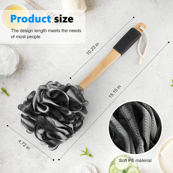 Black Loofah on a Stick PE Soft Mesh Luffa with Non-Slip Wooden Handle Made of Soft and Sturdy Rubber Material Back Scrubber for Shower for Women