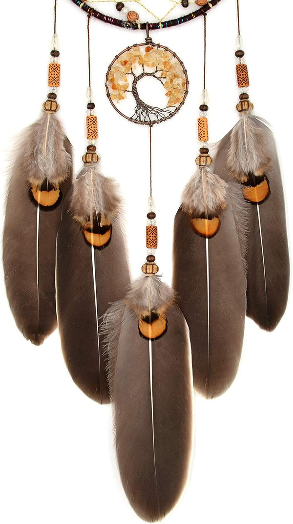 Urdeoms Brown Dream Catchers Tree of Life Boho Dreamcatcher for Bedroom Adult with Feathers and Citrine Crystal Wall Hanging Decor for Home