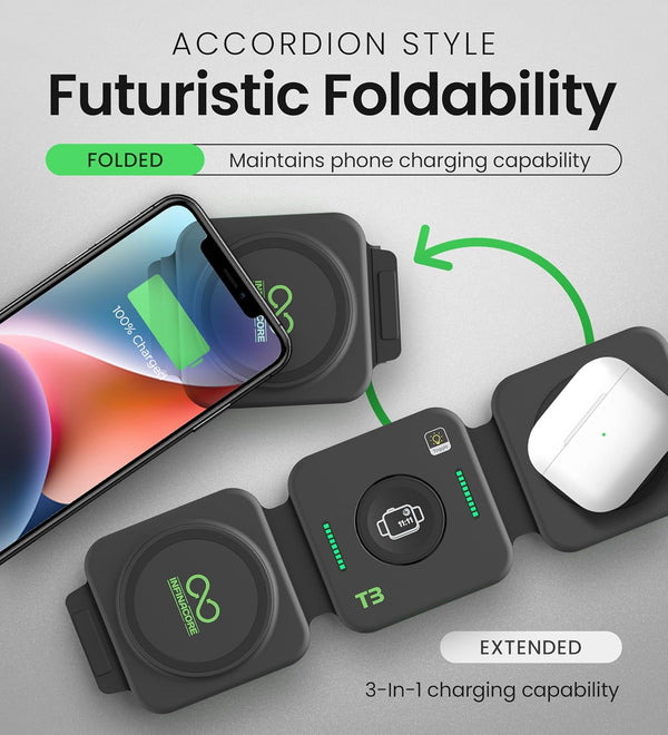 Infinacore 3-In-1 Charging Station for Apple Devices - Travel Essentials- Magnetic Wireless Travel Charger - Foldable Charging Pad for Magsafe