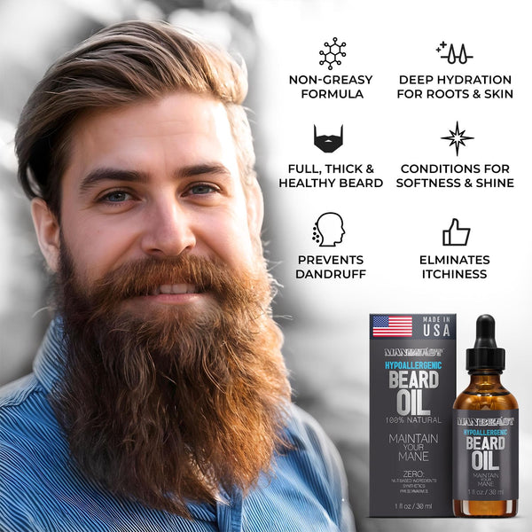 Beard Oil for Men - Hypoallergenic Natural Ingredients for Sensitive Skin, Nut Free Mustache Growth Conditioners, Natural Solution Conditioner to