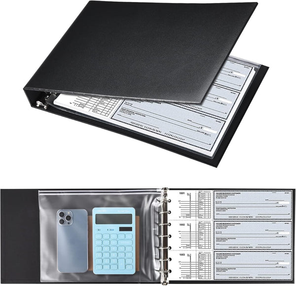 7 Ring Check Binder, 3-On-A-Page Business Checkbook Holder, 500 Checks Capacity, with 2024-2030 Calendar Organizer, Sleek Business Design (Black)