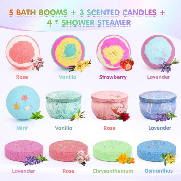 Bath Bombs for Women Gift Set - Bath Sets for Women Gift - 5 Large Bath Bomb Set with 4 Shower Steamers & 3 Candles -
