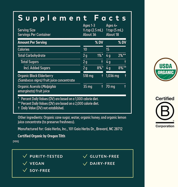 Gaia Herbs GaiaKids Black Elderberry Syrup - Delicious Immune Support Supplement for Kids* - with Organic Black Elderberries & Honey - USDA