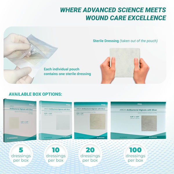 Areza Medical - Silver Alginate (Antibacterial Alginate with Silver) - Sterile - Wound Dressing Pads - 4.25" X 4.25" (10.8 Cm X 10.8 Cm) - 20 PCS