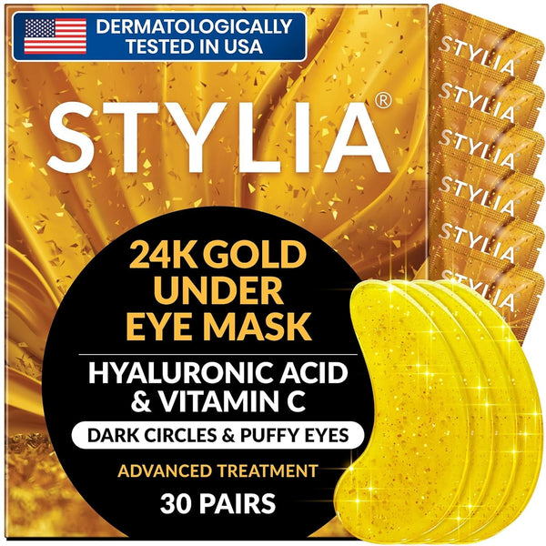 Stylia under Eye Patches for Dark Circles and Puffy Eyes (30 Pairs) - 24K Gold under Eye Mask with Vitamin C, Hyaluronic Acid, Pearl Extract - Eye Masks for Dark Circles and Puffiness