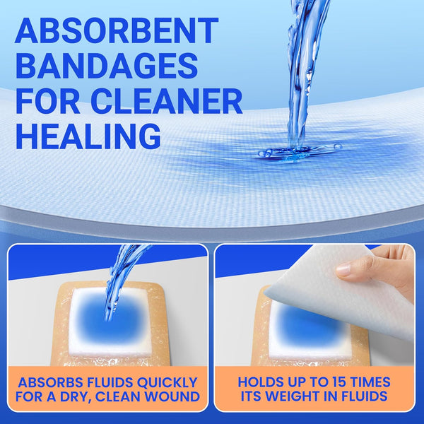 Large Waterproof Bandages 4X4 Silicone Foam Dressing for Sensitive Skin Wound Care, Adhesive Cohesive Pad with Border for First Aid, 10 Packs,