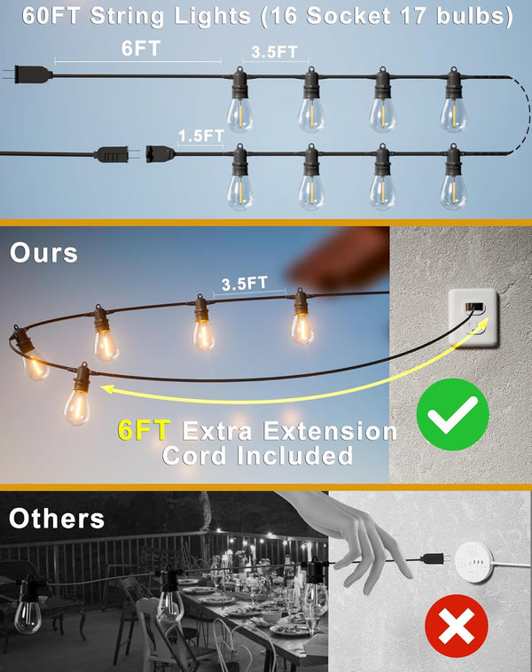 60FT LED Outdoor String Lights with 16+1 Edison Shatterproof IP65 Waterproof Bulbs, 2700K Dimmable Commercial Grade Patio Lights for Garden,