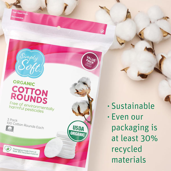Simply Soft Premium Organic Cotton Rounds, 100 Count (Pack of 3), 100% Cotton Pads, Certified Organic, Hypoallergenic, Soft & Absorbent for