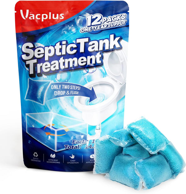 Vacplus Septic Tank Treatment 12 Pcs for 1-Year Supply, Dissolvable Packs with Easy Operation, Durable Biodegradable Enzymes for Wastes, Greases &