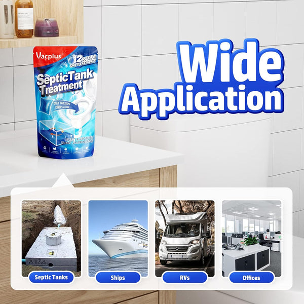 Vacplus Septic Tank Treatment 12 Pcs for 1-Year Supply, Dissolvable Packs with Easy Operation, Durable Biodegradable Enzymes for Wastes, Greases &