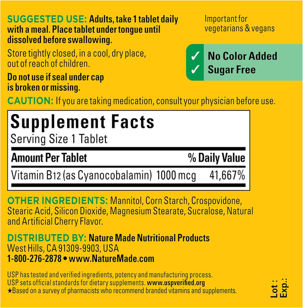 Nature Made Vitamin B12 1000 Mcg, Easy to Take Sublingual B12 for Energy Metabolism Support, 150 Sugar Free Fast Dissolve Tablets, 150 Day Supply