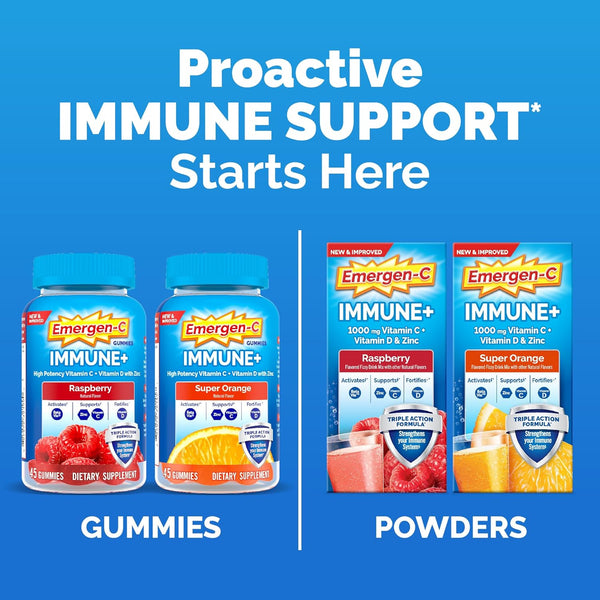 Emergen-C Immune+ Triple Action Immune Support Powder, Betavia (R), 1000Mg Vitamin C, B Vitamins, Vitamin D and Antioxidants, Raspberry â 30 Count
