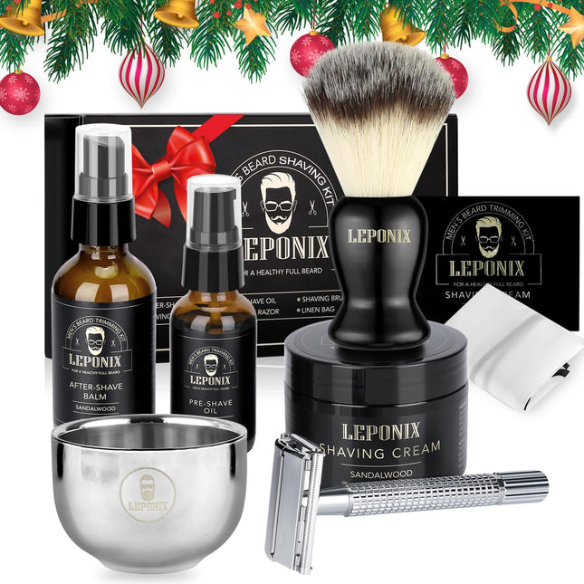 Shaving Kit for Men, Include Safety Razor, Sandalwood Cream, Aftershave, Pre Shave Oil, Shaving Brush and Bowl, Shaving 