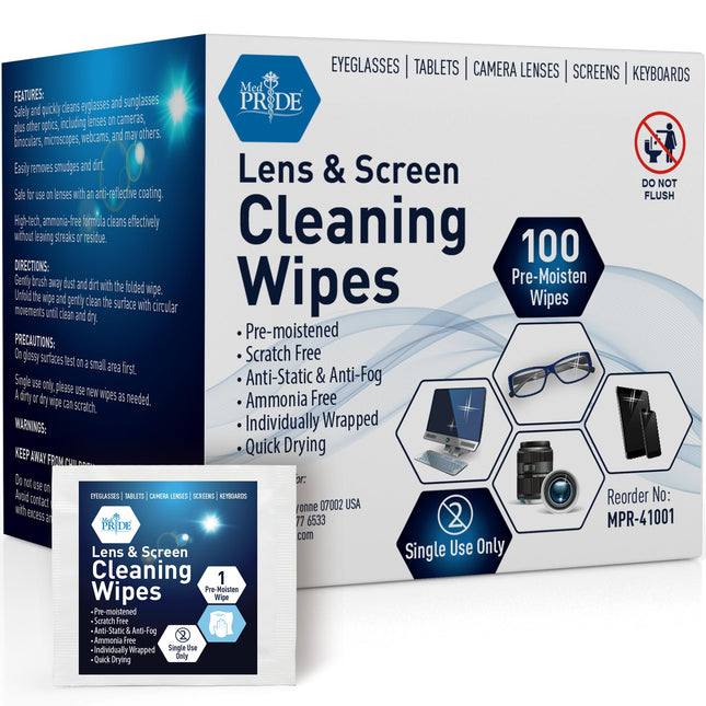 MED PRIDE 100 Pre-Moistened Anti-Fog Lens and Screen Cleaning Wipes for Eyeglasses, Touchscreens, Camera Lenses; Quick-D