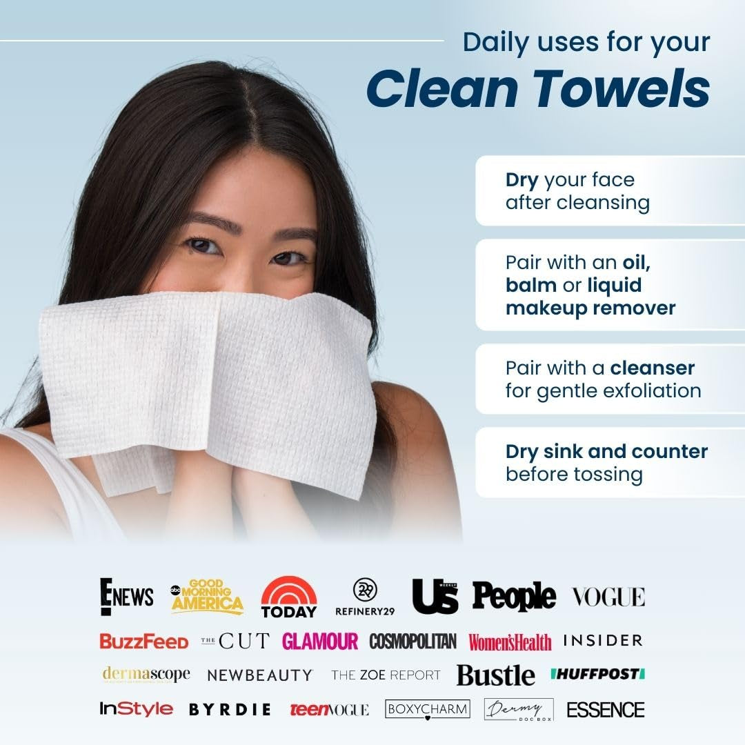 Clean Skin Club Clean Towels™, 100% USDA Biobased Dermatologist Approved Face Towel, Disposable Clinically Tested Face Towelette, Facial Washcloth, Ultra Soft Makeup Remover Dry Wipes, 1 Pack, 25 Ct