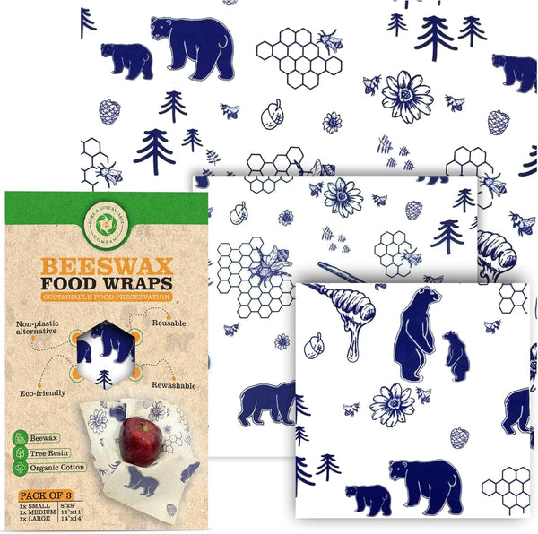 PURE & SUSTAINABLE COMPANY Beeswax Wraps - Food Storage -Pack of 3– Sustainable – Reusable - Certified Organic Cotton Size S,M,L