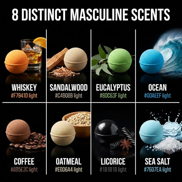 Bath Bombs for Men - Gift Set of 8 Scented Organic Handmade Bath Bombs of 2.5 oz with Natural Essential Oils, Unique Strong Manly Scents, for