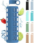 Purifyou Premium 40/32 / 22/12 Oz Glass Water Bottles with Times to Drink and Volume, Silicone Sleeve & Stainless Steel Lid Insert, Reusable for