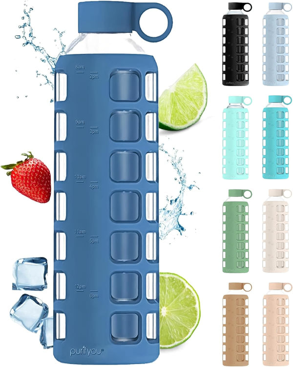 Purifyou Premium 40/32 / 22/12 Oz Glass Water Bottles with Times to Drink and Volume, Silicone Sleeve & Stainless Steel Lid Insert, Reusable for