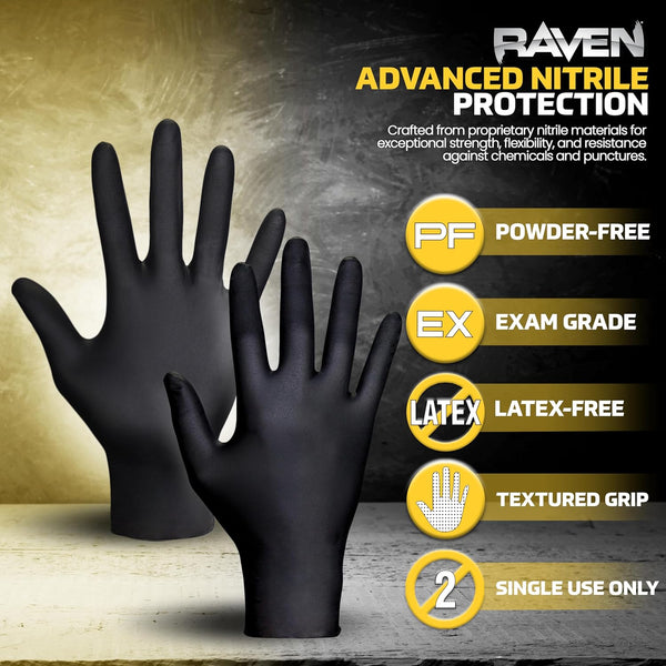 Raven Powder Free Nitrile Disposable Gloves 7 Mil - XL Latex Free, Chemical + Puncture Resistant, Textured Grip, Single Use for Automotive,