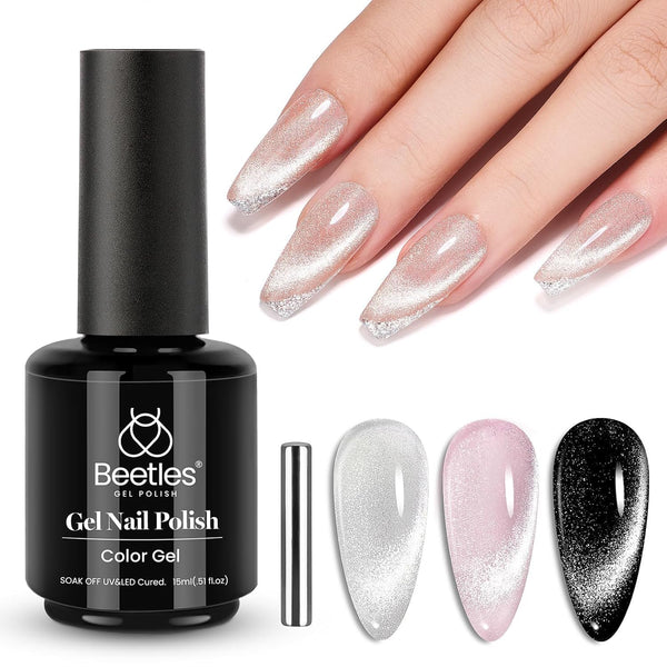 Beetles Cat Eye Gel Nail Polish - 15Ml Silver Shimmer Gel Polish with Magnet Soak off UV LED Nail Lamp Velvet Nail Polish Nail Art Salon DIY Home