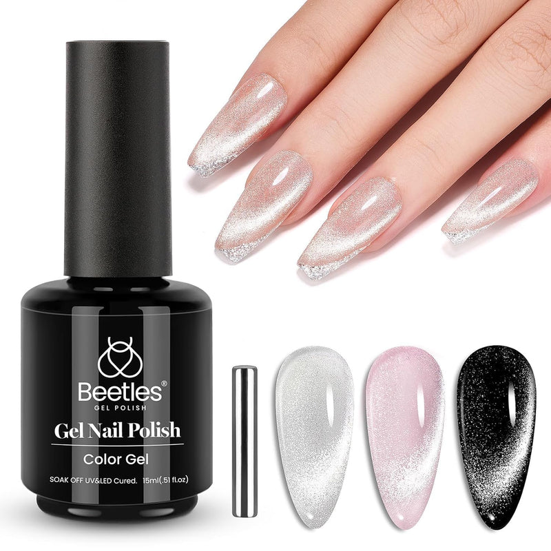 Beetles Cat Eye Gel Nail Polish - 15Ml Silver Shimmer Gel Polish with Magnet Soak off UV LED Nail Lamp Velvet Nail Polish Nail Art Salon DIY Home