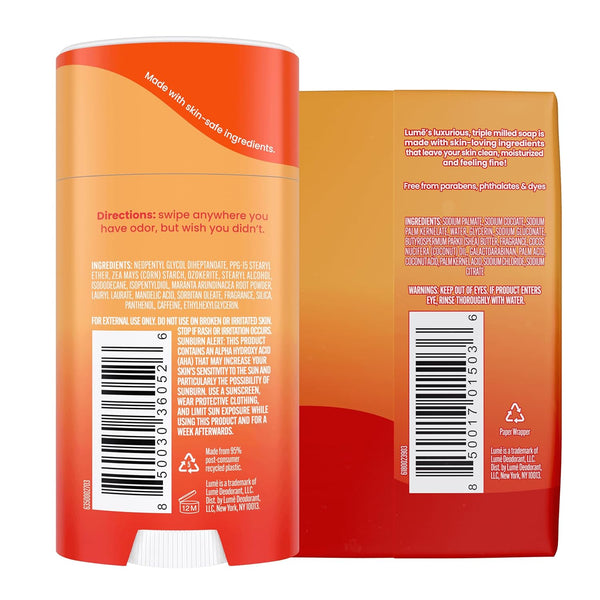 Lume Whole Body Deodorant and Soap - 2.6 Ounce Smooth Solid Stick with 72 Hour Odor Control and 5 Ounce Triple Milled Soap - Aluminum Free, Baking