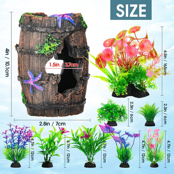 Cousduobe Fish Broken Barrel Decor Fish Tank Decorations Betta Fish Tank Accessories,Starfish Barrel X 1Pc, Fish Tank Plants X 8Pcs