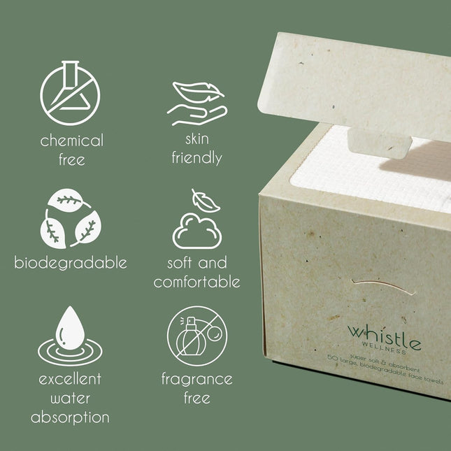 Whistle Wellness™ Disposable Face Towel 10"×12", Resealable Box, Biobased Plant 