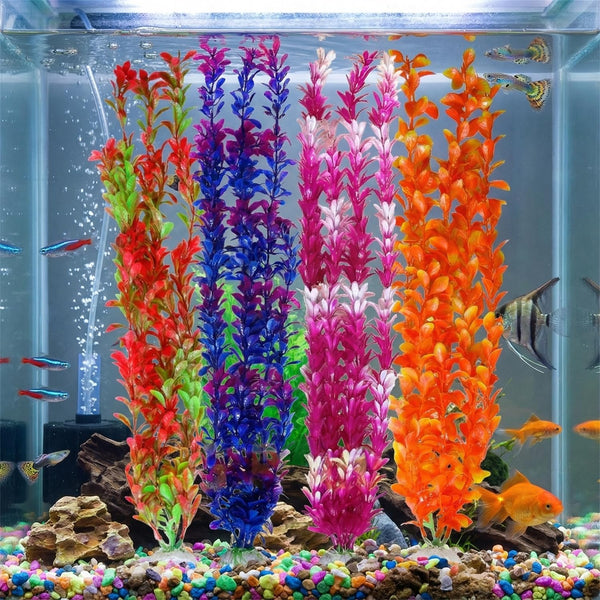Pack of 4 Tall Plastic Aquarium Plants, Large Fake Plants, Fish Tank Decorations, Artificial Fish Tank Plants