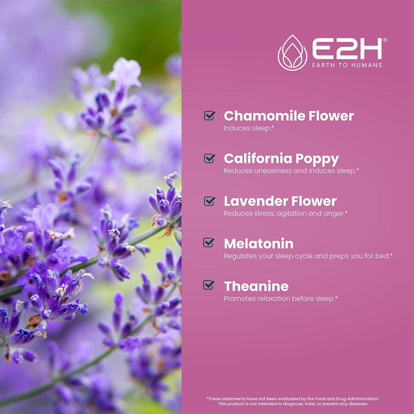E2H Natural Sleep Support - Liquid Melatonin with Chamomile, Theanine - Sleep Better, Deeper, Longer - Vegan, Gmo-Free - Provides Stress Relief -
