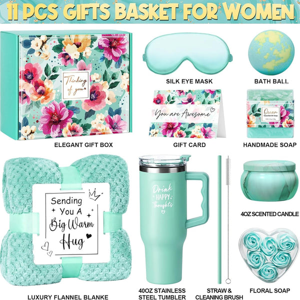 Birthday Gifts for Women Self Care Gifts Get Well Soon Gifts, Ocean Relaxing Spa Gifts Basket Care Package W/ Luxury Flannel Blanket 40 Oz