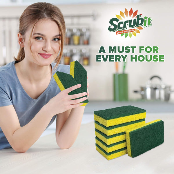 SCRUBIT Heavy Duty Scrub Sponges - Dishwashing Sponge along with a Tough Scouring Pad - Ideal for Cleaning Kitchen, Dishes, Bathroom - Yellow - 24