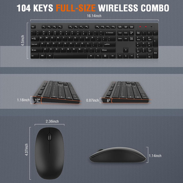Wireless Keyboard and Mouse Combo, EDJO Silent Full Size Cordless USB Keyboard Mouse, 2.4Ghz Lag-Free, Long Battery Life, for Computer, Laptop,