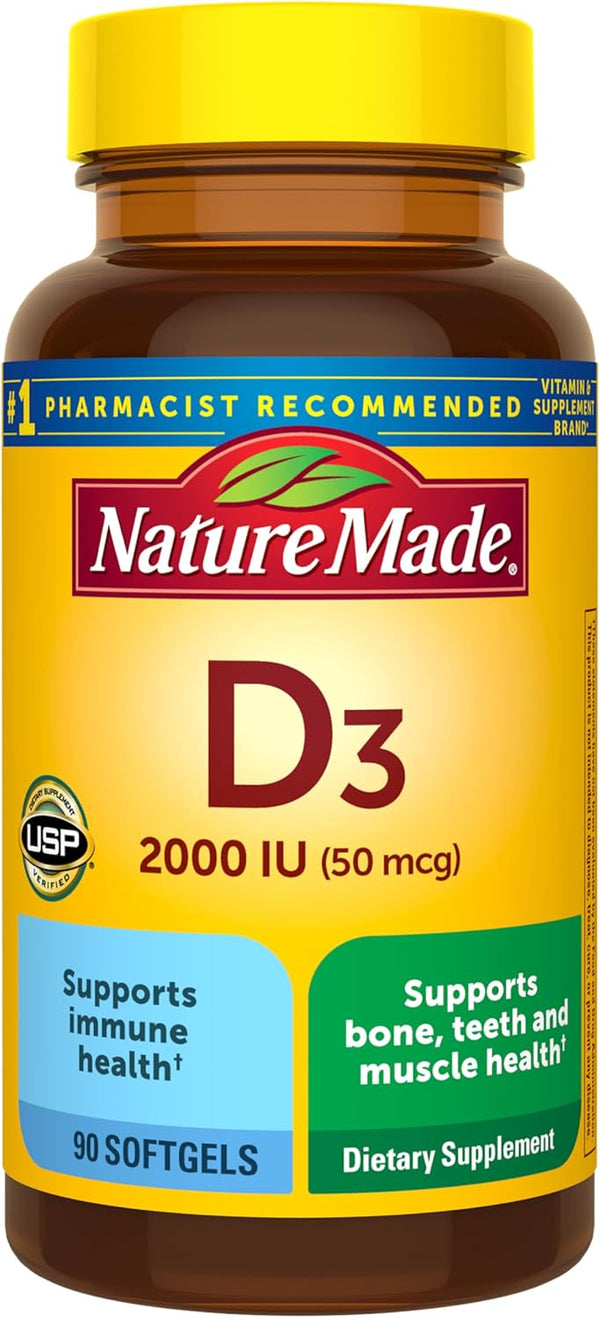 Nature Made Vitamin D3 2000 IU (50 Mcg), Dietary Supplement for Bone, Teeth, Muscle and Immune Health Support, 90 Softgels, 90 Day Supply