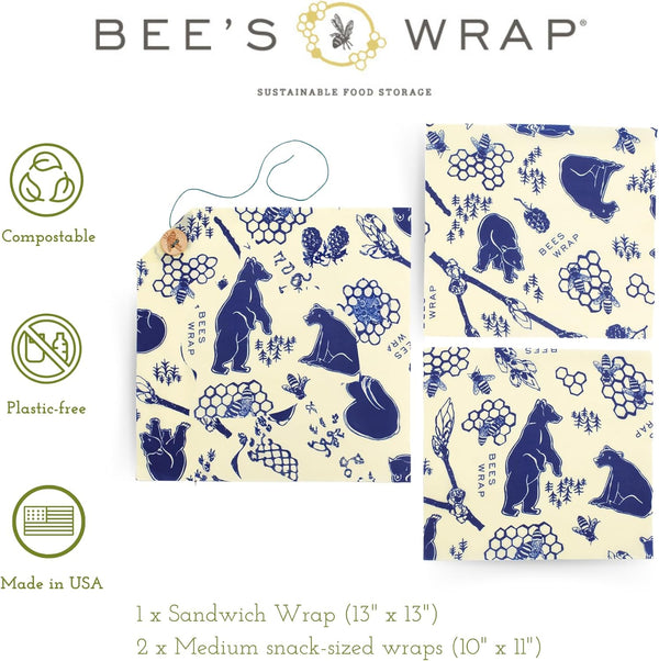 Bee'S Wrap Beeswax Wraps for Food - Bees + Bears 3 Pack (2M 1 Sandwich) Made in USA Reusable & Organic Food Wraps, Sandwich Wrap - Eco-Friendly