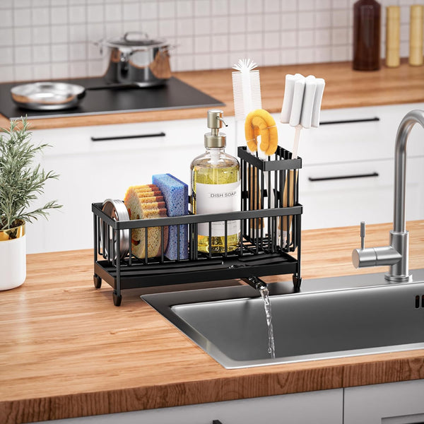 Cisily Black Sponge Holder for Kitchen Sink, Sink Caddy Organizer with High Brush Holder, Kitchen Countertop Organizers and Storage Essentials,