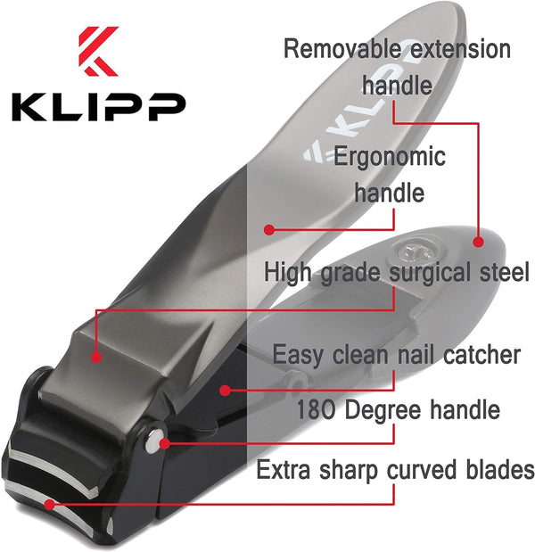 Nail Clippers for Men with Catcher - KLIPP Heavy Duty Razor-Sharp Self-Collecting Nail Cutter, Ergonomic Lever for Fingernails & Toenails, Ideal