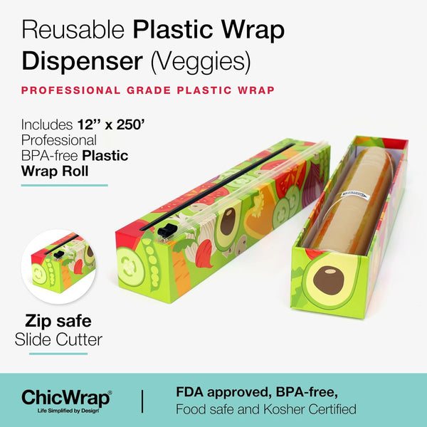 Chicwrap Veggies Refillable Plastic Wrap Dispenser - Includes 12" X 250' Roll Professional Grade Disposable Plastic Wrap - Reusable Dispenser